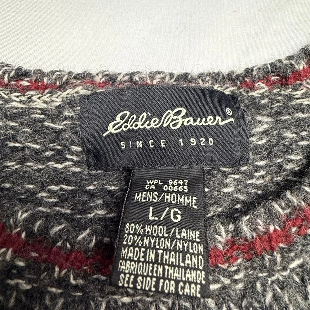 Eddie Bauer Mens Large Wool Blend Marled Knit Crewneck Sweater Grey Red Chunky - Picture 6 of 6